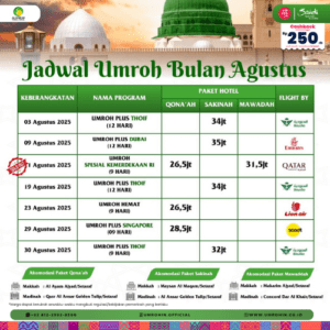 Flyer Jadwal Umroh Agustus 2025 lengkap dengan harga dan maskapai