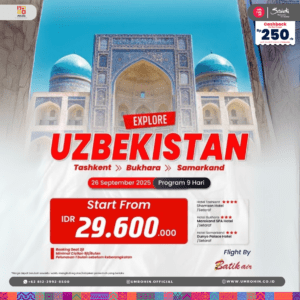 Poster paket tour Uzbekistan 2025 – Tashkent, Bukhara, Samarkand bersama Mazq Tour