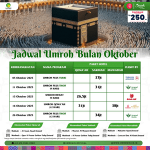 Flyer Jadwal Umroh Oktober 2025 – Plus Turki, Thaif, dan Hemat 9 Hari dengan harga dan maskapai