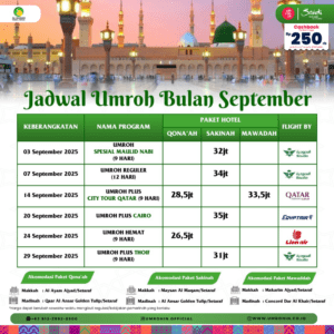 Flyer Jadwal Umroh September 2025 – Paket Maulid, Reguler, Qatar, Cairo, Hemat
