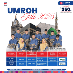 Flyer program Umroh Juli 2025 dengan dua pilihan tanggal: 11 Juli dan 23 Juli. Menampilkan harga, hotel, promo spesial, dan gambar tim pembimbing Umrohin dengan latar Ka'bah, Abraj Al Bait, dan Masjid Nabawi.