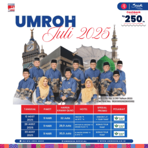 Flyer program Umroh Agustus 2025 dengan 3 pilihan tanggal (13, 26, dan 30 Agustus), harga, hotel bintang 3–5, dan promo spesial seperti Tour Thaif dan diskon 1 juta. Menampilkan tim pembimbing Umrohin dan latar ikon Makkah & Madinah.