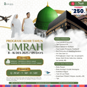 Flyer Umrah Akhir Tahun 2025 Desember 8–16 dengan Garuda Indonesia hotel bintang 4 harga mulai Rp 29,5 juta