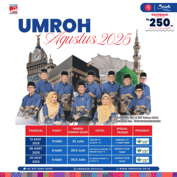 Flyer program Umroh Agustus 2025 dengan 3 pilihan tanggal (13, 26, dan 30 Agustus), harga, hotel bintang 3–5, dan promo spesial seperti Tour Thaif dan diskon 1 juta. Menampilkan tim pembimbing Umrohin dan latar ikon Makkah & Madinah.