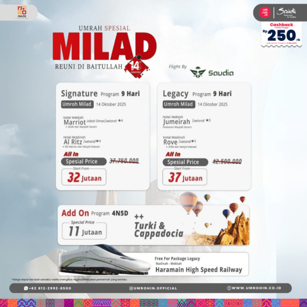 Poster Umrah Milad MAZQ 2025 – Paket Signature dan Legacy, Tambahan Turki & Cappadocia