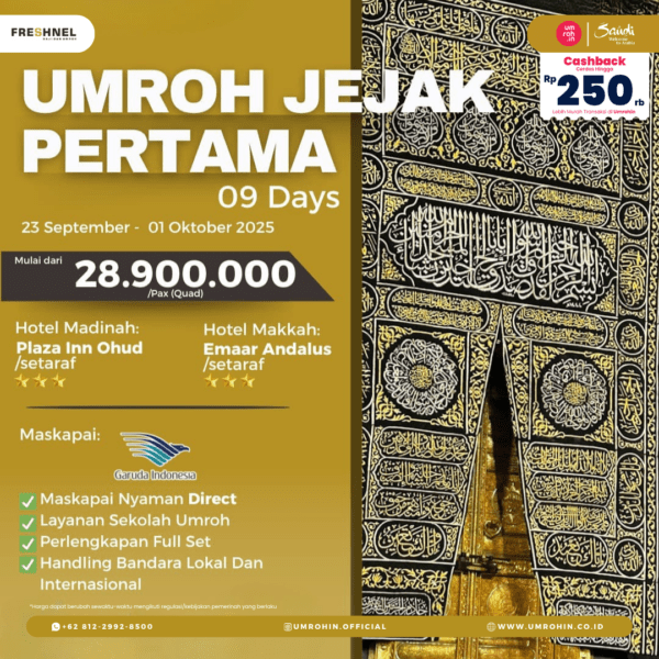 Poster Program Umroh Jejak Pertama 2025 dari Kebaikan Tour – 9 Hari Garuda Indonesia