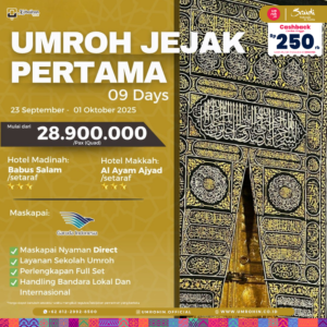 Poster Program Umroh Jejak Pertama 2025 dari Kebaikan Tour – 9 Hari Garuda Indonesia