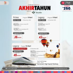 Poster program umroh akhir tahun 2025 dengan pilihan paket Prime dan Legacy serta tambahan city tour Turki dan Cappadocia