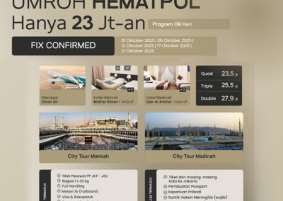 Flyer promo Umroh Hematpol 9 hari oleh Ghufran Travel dengan keberangkatan utama 14 Agustus 2025 dan tanggal alternatif hingga Desember. Harga mulai 23 juta, menggunakan Oman Air, hotel setaraf di Makkah & Madinah, lengkap dengan city tour dan fasilitas lainnya.