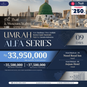Flyer promosi Umrah Alfa Series 2025 bersama DMI Alfa Tour, termasuk paket perjalanan 9 hari dari Surabaya ke Jeddah dengan Garuda Indonesia, hotel setaraf di Madinah dan Makkah, plus kunjungan ke Thaif dan Museum Wahyu, harga mulai Rp 33.950.000
