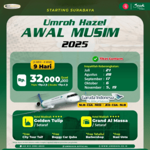 Flyer Umroh Awal Musim 2025 program Hazel dari Bindawood dengan keberangkatan dari Surabaya menggunakan Garuda Indonesia. Paket 9 hari dengan hotel bintang 4 di Madinah dan Makkah, serta berbagai bonus menarik.