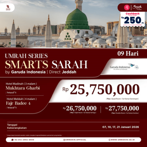 Flyer Umroh Januari 2026 dengan paket Smart Series by Garuda Indonesia, menampilkan hotel di Mekkah dan Madinah, harga berdasarkan tipe kamar, dan tanggal keberangkatan 7, 10, 17, dan 21 Januari 2026.