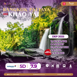 Flyer promosi paket wisata Muslim Bangkok Pattaya Khao Yai 2025, dengan tanggal keberangkatan April–Agustus, harga mulai Rp 7,9 juta, dan fasilitas lengkap termasuk tiket pesawat, hotel, transportasi, dan asuransi.