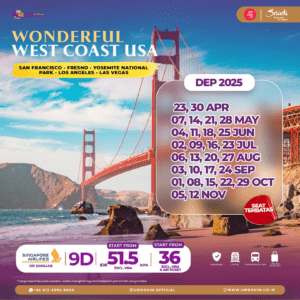 tour Muslim ke West Coast USA 2025 oleh Umrohin – San Francisco, Yosemite National Park, Los Angeles, dan Las Vegas selama 9 hari