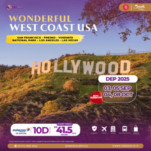 tour Muslim ke West Coast USA 2025 oleh Umrohin – mencakup San Francisco, Yosemite, Los Angeles, dan Las Vegas