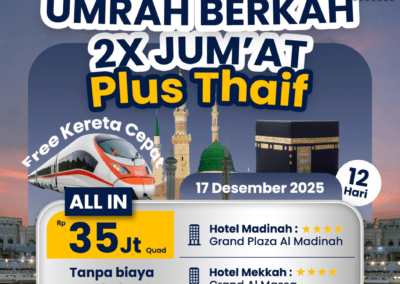 Flyer Umrah Berkah 2x Jumat + Thaif 17 September 2025 oleh Amayya Tour dan Umrohin, menampilkan info hotel, harga, cashback, dan fasilitas gratis kereta cepat.
