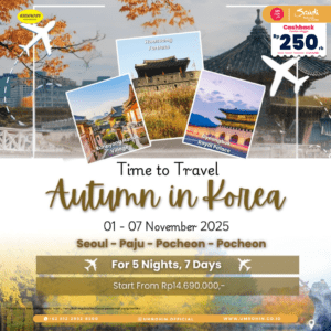 Paket Autumn in Korea 01–07 November 2025, kunjungi Hwaseong Fortress, Eunpyong Hanok Village, Gyeongbokgung, dan Pocheon. Harga mulai Rp 14,69 juta.