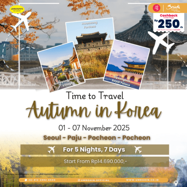 Paket Autumn in Korea 01–07 November 2025, kunjungi Hwaseong Fortress, Eunpyong Hanok Village, Gyeongbokgung, dan Pocheon. Harga mulai Rp 14,69 juta.