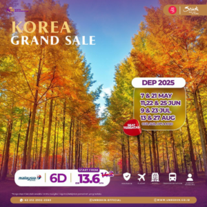 Paket Korea Grand Sale 2025, 6 hari dari CCK, SUB, DPS & KNO. Harga mulai Rp 13,614 juta termasuk tiket, hotel, transportasi, asuransi, dan airport handling.