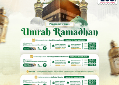 Paket Maghfirah Umrah Ramadhan 2026 – Program Firdaus, mulai Rp 29,9 juta, hotel berbintang, termasuk tiket pesawat dan kereta cepat.