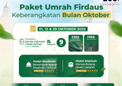 Brosur Paket Umrah Oktober 2025 Program Naim & Firdaus – Hotel bintang 5 di Madinah dan Makkah, bonus kereta cepat Madinah–Makkah, city tour Thaif, harga mulai 37,8 juta.