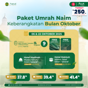 Brosur Paket Umrah Oktober 2025 Program Naim & Firdaus – Hotel bintang 5 di Madinah dan Makkah, bonus kereta cepat Madinah–Makkah, city tour Thaif, harga mulai 37,8 juta.Brosur Paket Umrah Oktober 2025 Program Naim & Firdaus – Hotel bintang 5 di Madinah dan Makkah, bonus kereta cepat Madinah–Makkah, city tour Thaif, harga mulai 37,8 juta.