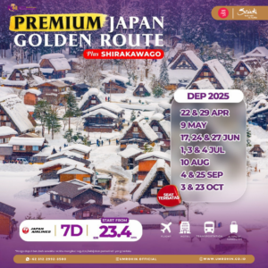 Premium Japan Golden Route + Shirakawago 2025 – 7 hari mulai Rp 23,4 juta, termasuk tiket Japan Airlines, hotel, transportasi, dan airport handling.