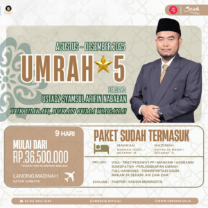 Flyer promo Umrah 9 hari bersama Ustadz Syamsul Arifin Nababan Agustus–Desember 2025, maskapai Qatar Airways, hotel Makkah Hotel bintang 5 dan Kayan Al Masih di Madinah, harga mulai Rp 36,5 juta, fasilitas lengkap