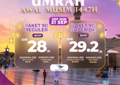 Flyer program Umroh Awal Musim 1447H dengan keberangkatan 9 September 2025, menampilkan pilihan paket reguler dan superior, hotel bintang 3, dan logo Saudia Airlines.