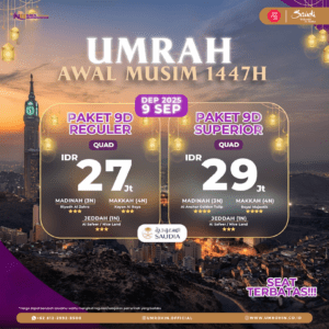 Flyer program Umroh Awal Musim 1447H dengan keberangkatan 9 September 2025, menampilkan pilihan paket reguler dan superior, hotel bintang 3, dan logo Saudia Airlines.