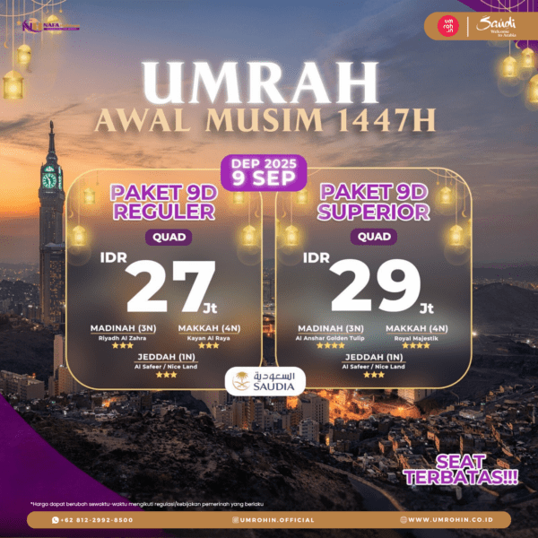 Flyer program Umroh Awal Musim 1447H dengan keberangkatan 9 September 2025, menampilkan pilihan paket reguler dan superior, hotel bintang 3, dan logo Saudia Airlines.