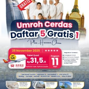 Paket Umroh Cerdas 2025 plus Hainan China, 11 hari, mulai Rp 31,5 juta. Gratis 1 setiap daftar 5. Hotel Mekah 5★, Madinah 3★, Hainan 5★.