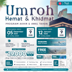 Flyer promo Umroh Hemat & Khidmat akhir tahun 2025 dan awal tahun 2026, maskapai Qatar Airways, hotel Mather Al Eiman di Makkah dan Jawharat Ar Rasheed di Madinah, harga mulai Rp 29 juta, fasilitas lengkap termasuk city tour Thaif dan air zamzam