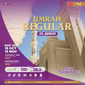 Flyer promo Umroh Regular 12 Hari 2x Jumat, keberangkatan Oktober & November 2025, hotel bintang 3 di Madinah dan Makkah, maskapai Oman Air.