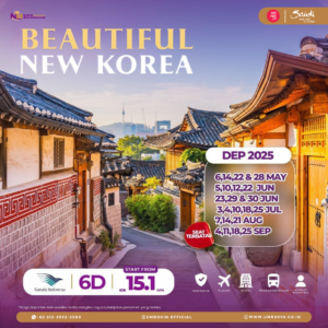 Flyer promo Beautiful New Korea 6 hari 2025, harga mulai Rp 15,1 juta, jadwal keberangkatan Mei–September, termasuk tiket Garuda Indonesia, hotel, transportasi, handling, dan asuransi perjalanan.