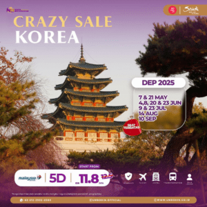 Crazy Sale Korea 2025, 5 hari, harga mulai Rp 11,8 juta termasuk tiket pesawat, hotel, transportasi, dan tour leader.