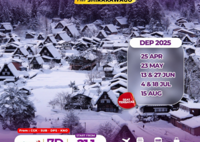 Paket Japan Golden Route + Shirakawago 2025, 7 hari termasuk Tokyo, Osaka, Kyoto, Shirakawago. Harga mulai Rp 21,1 juta termasuk tiket, hotel, transportasi, dan airport handling.