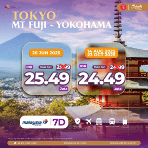 Paket wisata Tokyo – Mt Fuji – Yokohama 2025, keberangkatan 26 Juni, 14 Agustus, dan 23 Oktober, durasi 7 hari, harga mulai Rp 24,49 juta, termasuk tiket, hotel, transportasi, handling, dan asuransi perjalanan.
