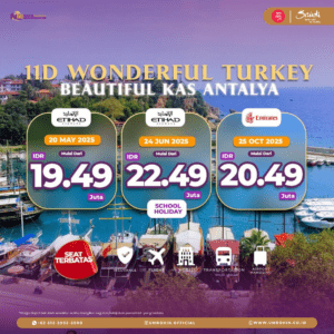 Flyer promo Wonderful Turkey 11 hari 2025, destinasi Kas & Antalya, keberangkatan Mei, Juni, dan Oktober, harga mulai Rp 19,49 juta, maskapai Etihad dan Emirates, termasuk tiket, hotel, transportasi, handling, dan asuransi perjalanan.