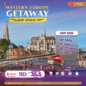 Paket tour Western Europe Getaway 2025, 11 hari keliling Prancis, Belgia, Belanda, Jerman, Luksemburg, Swiss, dan Italia. Harga mulai Rp 35,5 juta belum termasuk visa.