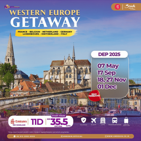 Paket tour Western Europe Getaway 2025, 11 hari keliling Prancis, Belgia, Belanda, Jerman, Luksemburg, Swiss, dan Italia. Harga mulai Rp 35,5 juta belum termasuk visa.