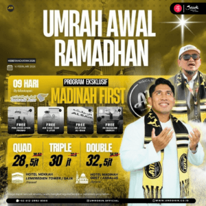 Paket Umrah Awal Ramadhan 2026 program eksklusif Madinah First, 9 hari bersama Oman Air, hotel bintang 4, harga mulai Rp 28,5 juta dengan bonus perlengkapan, zam-zam, ayam Al-Baik, dan manasik umroh.