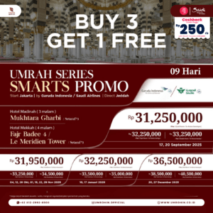 Promo Umrah 9 hari Garuda Indonesia & Saudia Airlines, hotel bintang 3, harga mulai Rp 31,25 juta dengan promo spesial Buy 3 Get 1 Free dan cashback Rp 250.000.